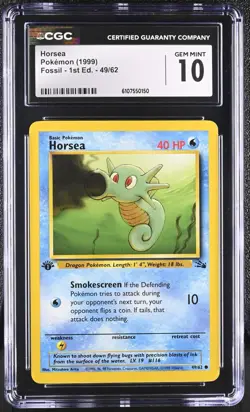 CGC GEM MINT 10 Pokemon Horsea 49/62 1999 Fossil 1st Edition - Image 1