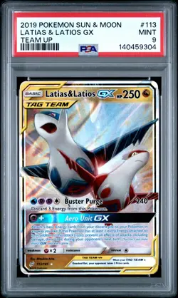2019 POKEMON SUN & MOON TEAM UP #113 LATIAS & LATIOS GX PSA 9 - Image 1