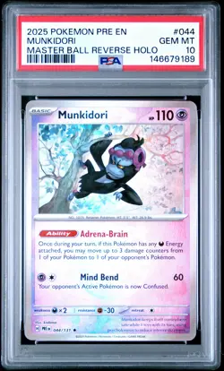 2025 POKEMON PRE EN-MASTER BALL REVERSE HOLO #044 MUNKIDORI PSA 10 - Image 1