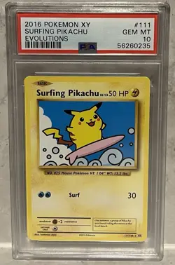 2016 Pokemon XY Evolutions Surfing Pikachu Card #111 PSA GEM MINT 10 Secret Rare - Image 1