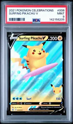 2021 Pokemon Celebrations #008 Surfing Pikachu V PSA 9 Card MINT - Image 1