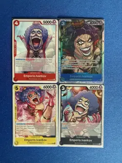 Emporio.Ivankov One Piece TCG 4-card lot ST12 Super Rare+OP5/OP12 Uncommon-PWE - Image 1