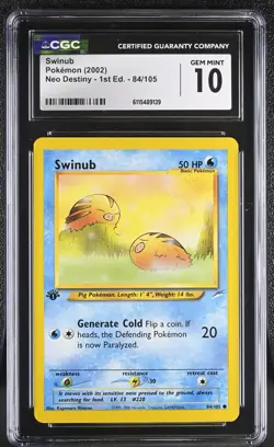 CGC GEM MINT 10 Pokemon Swinub 84/105 2002 Neo Destiny 1st Edition - Image 1
