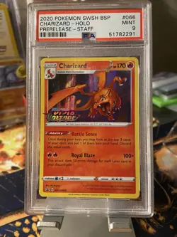 CHARIZARD SWSH066 Pokemon Vivid Voltage STAFF Prerelease Holo Promo- PSA 9 Mint - Image 1