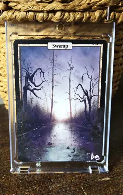 Hand painted, professional MTG Alter of Swamp Unhinged land with one-touch case! - Image 1