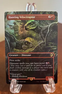 MTG Hunting Velociraptor Borderless Foil Jurassic World Lost Caverns of Ixalan - Image 1