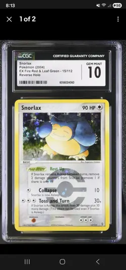 CGC 10 Snorlax EX Fire Red & Leaf Green 15/112 Reverse Holo Pokemon Card - Image 1
