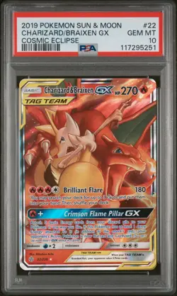 2019 Pokemon Cosmic Eclipse Charizard & Braixen Gx #22 Tag Team GEM MT PSA 10 - Image 1