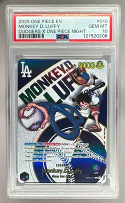 121520206 Monkey D. Luffy 2025 One Piece Dodgers Night Promo EB02-010 PSA 10 - Image 1