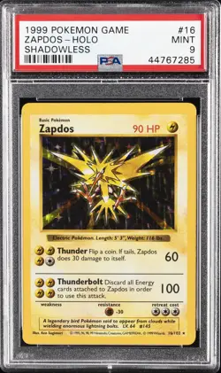 1999 POKEMON BASE SET SHADOWLESS #16 ZAPDOS-HOLO PSA 9 - Image 1