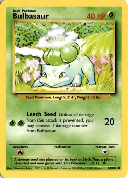 Pokemon Bulbasaur Base Set Unlimited 044/102 Common Light Play LP Card Scan VTG - Image 1