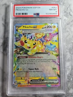 2024 POKEMON SSP EN-SURGING SPARKS #057 PIKACHU EX PSA 8 - Image 1