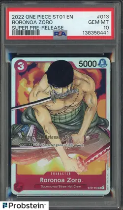 2022 One Piece ST01 EN Super Pre-Release #013 Roronoa Zoro PSA 10 GEM MINT - Image 1