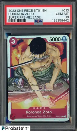 2022 One Piece ST01 EN Super Pre-Release #013 Roronoa Zoro PSA 10 GEM MINT - Image 1