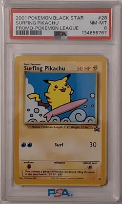 Pokemon Black Star Surfing Pikachu Pokemon League Promo #28 PSA 8 Vintage D2 - Image 1