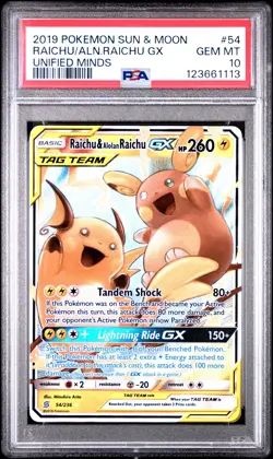 2019 POKEMON SUN & MOON UNIFIED MINDS #54 RAICHU & ALOLAN RAICHU GX PSA 10 - Image 1