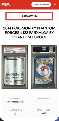 2014 POKEMON XY PHANTOM FORCES ENGLISH#122 FULL ART/DIALGA EX (AUTHENTIC) - Image 1
