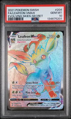 2021 Pokemon Evolving Skies Leafeon Vmax Full Art #204 GEM MT PSA 10 Secret - Image 1