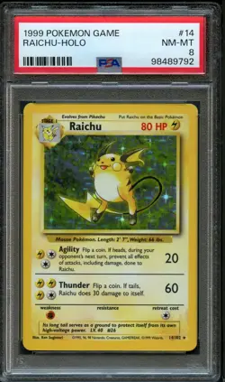 1999 POKEMON BASE SET UNLIMITED #14 RAICHU-HOLO PSA 8 NEAR MINT - Image 1