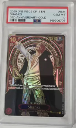 2025 ONE PIECE OP13-CARRYING ON HIS WILL 3RD ANV-GOLD #004 SHANKS PSA 10 - Image 1