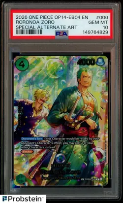 2026 ONE PIECE OP14-EB04-THE AZURE SEA'S SEVEN #006 RORONOA ZORO PSA 10 GEM MINT - Image 1