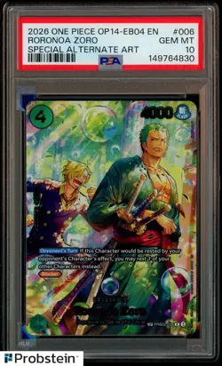 2026 ONE PIECE OP14-EB04-THE AZURE SEA'S SEVEN #006 RORONOA ZORO PSA 10 GEM MINT - Image 1