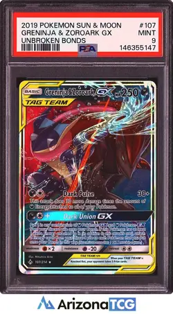 Pokemon 2019 Greninja & Zoroark GX 107/214 Holo Unbroken Bonds PSA 9 - Image 1
