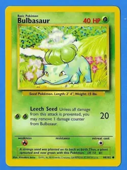 1999 Wizards Pokemon Base Set Unlimited Bulbasaur 44/102 Non-Holo EX+ - Image 1