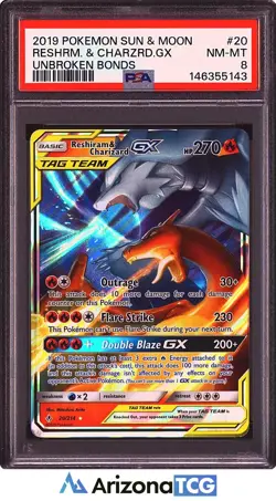 Pokemon 2019 Reshiram & Charizard GX 20/214 Tag Team Unbroken Bonds PSA 8 - Image 1