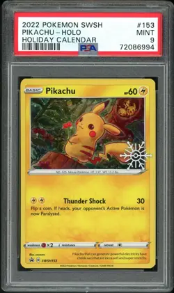 PSA 9 MINT Pikachu SWSH153 Holiday Calendar Pokemon Card - Image 1