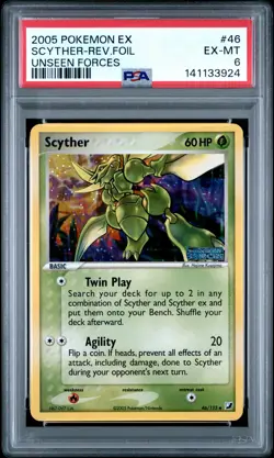 2005 POKEMON EX UNSEEN FORCES #46 SCYTHER-REVERSE FOIL PSA 6 - Image 1