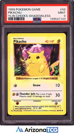 Pokemon 1999 Pikachu 58/102 Yellow Cheeks Base Set Shadowless PSA 9 - Image 1