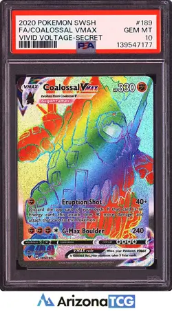 Pokemon 2020 Coalossal VMAX 189/185 Rainbow SR Vivid Voltage GEM MINT PSA 10 - Image 1