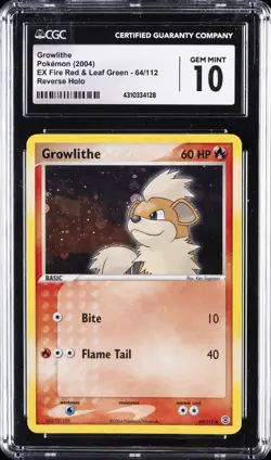 2004 POKEMON EX FIRE RED & LEAF GREEN REVERSE HOLO GROWLITHE CGC 10 GEM MINT - Image 1