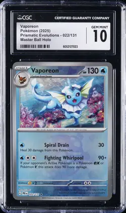 2025 POKEMON PRISMATIC EVOLUTIONS MASTER BALL HOLO VAPOREON CGC 10 GEM MINT - Image 1
