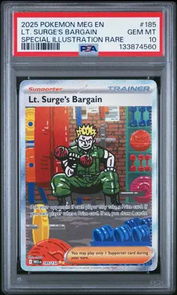 2025 Pokemon Mega Evolution LT Surge's Bargain Special Illustration PSA 10 #185 - Image 1