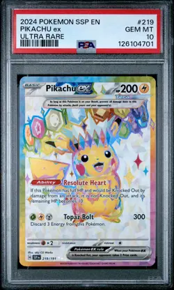 2024 POKEMON SSP EN-SURGING SPARKS ULTRA RARE #219 PIKACHU EX PSA 10 - Image 1