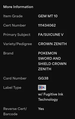 PSA 10 Suicune V GG38 Full Art Crown Zenith Pokemon - Image 5