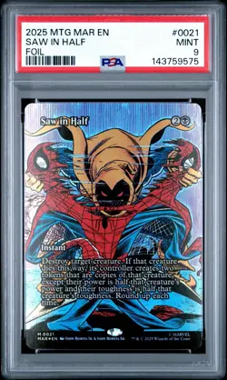 2025 MTG MARVEL'S SPIDER-MAN: SOURCE MAT FOIL MAR #0021 SAW IN HALF PSA 9 - Image 1