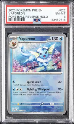 2025 POKEMON PRE EN-PRISMATIC EVOLUTIONS POKE BALL REVERSE HOLO VAPOREON PSA 8 - Image 1