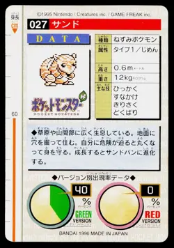 Sandshrew No. 027 Green Bandai Carddass Series 1-2 G Pokemon Japanese LP - Image 2