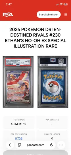 Pokemon Destined Rivals Ethan's Ho-Oh EX Sir 230/182 PSA 10 - Image 1