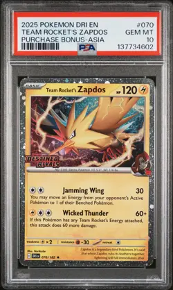 2025 POKEMON DESTINED RIVALS PURCHASE BONUS-ASIA #70 TEAM ROCKET'S ZAPDOS PSA 10 - Image 1