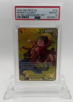 2025 One Piece Monkey D Luffy 2nd Anniversary #015 PSA 10 Gold Card - Image 1