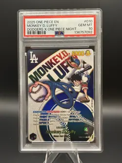 PSA 10 Monkey D Luffy EB02-010 L Dodgers One Piece Night Promo Card English 2025 - Image 1