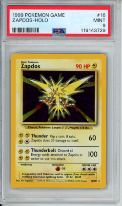 PSA 9 ZAPDOS HOLO #16 BASE SET POKEMON GAME 1999 MINT NEW CERT - Image 1