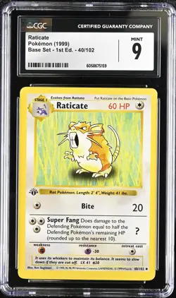 CGC 9 MINT Raticate 1999 Base Set 1st Edition Shadowless 40/102 Pokemon Card psa - Image 1