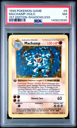 1999 POKEMON GAME 1ST ED-SHADOWLESS #8 MACHAMP-HOLO PSA 7 - Image 1