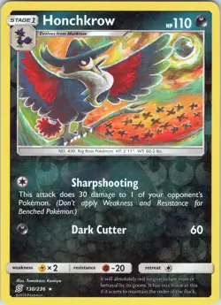 Honchkrow 130/236 Rare - Pokemon TCG SM: Unified Minds - Reverse Holo (NM) - Image 1