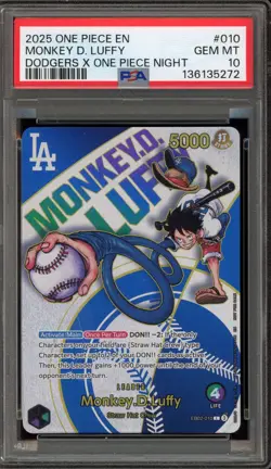 One Piece CCG Monkey.D.Luffy Dodgers X One Piece Night EB02-010 PSA 10 Gem Mint - Image 1